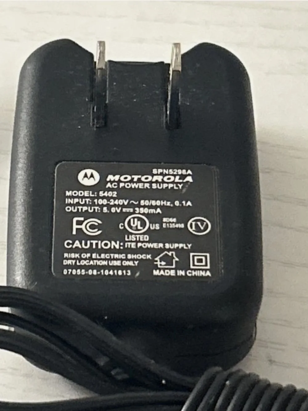 Motorola Black Wall Power Adapter with Cord